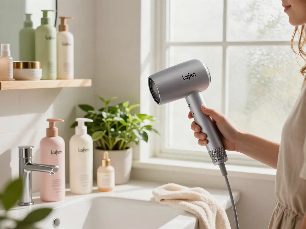 Laifen Deutschland – Anwendung eines Haartrockners im modernen Badezimmer mit stilvollen Accessoires