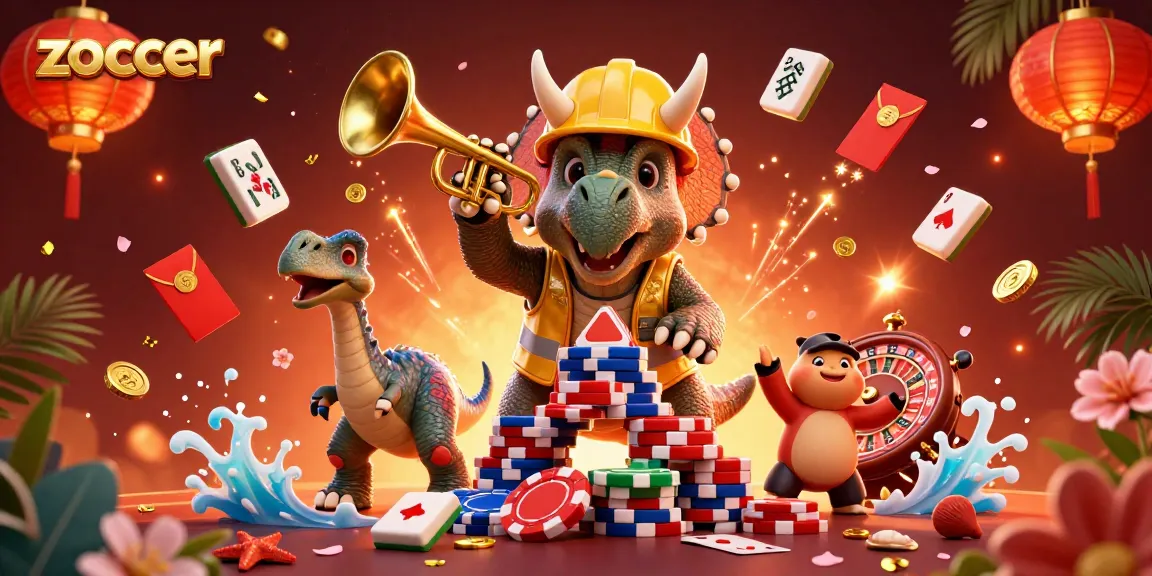 Zoccer illuminates a bustling casino scene with a triceratops stacking poker chips surrounded by vibrant game elements.