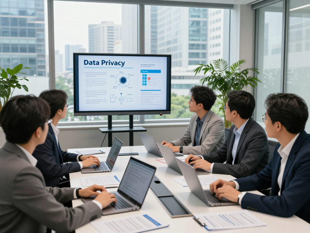 Consultants discussing Branchenlösungen – Übersicht for digital accessibility and data privacy in a modern office.