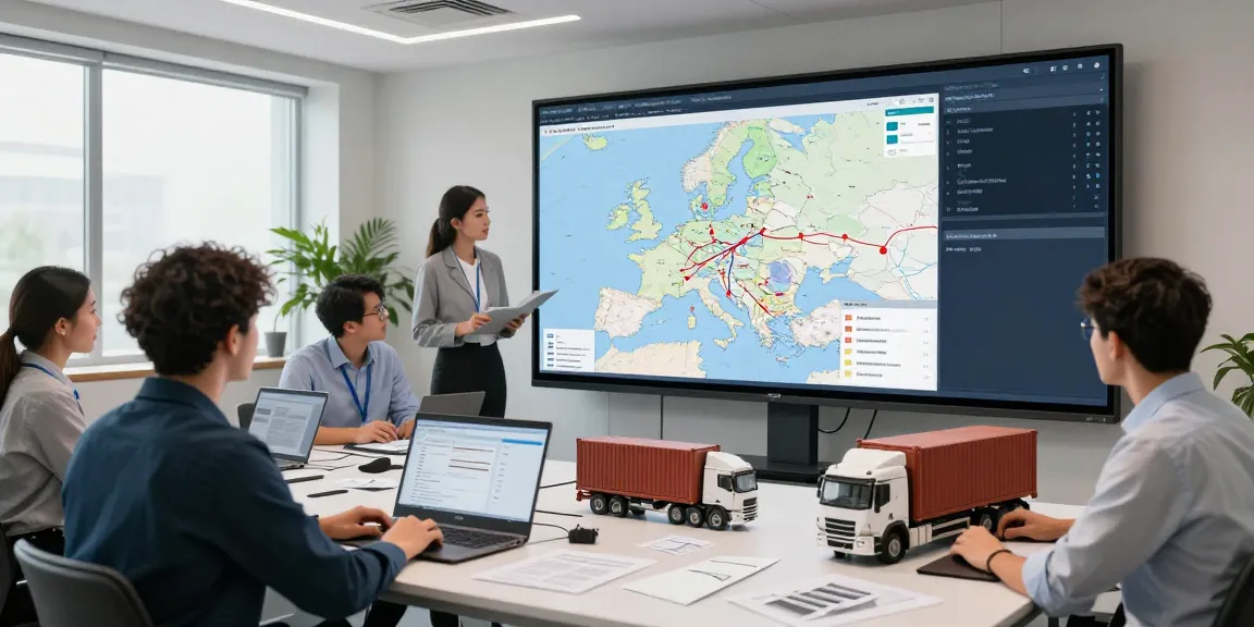 Logistikteam bei OCARGO Düsseldorf bespricht internationale Transporte an einem digitalen Kartenbildschirm.