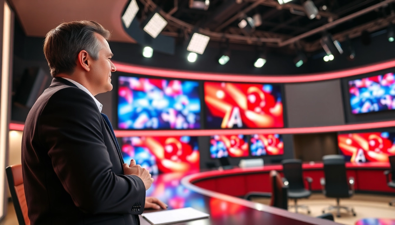 Announcer delivering sports broadcasting insights in a vibrant studio filled with graphics.