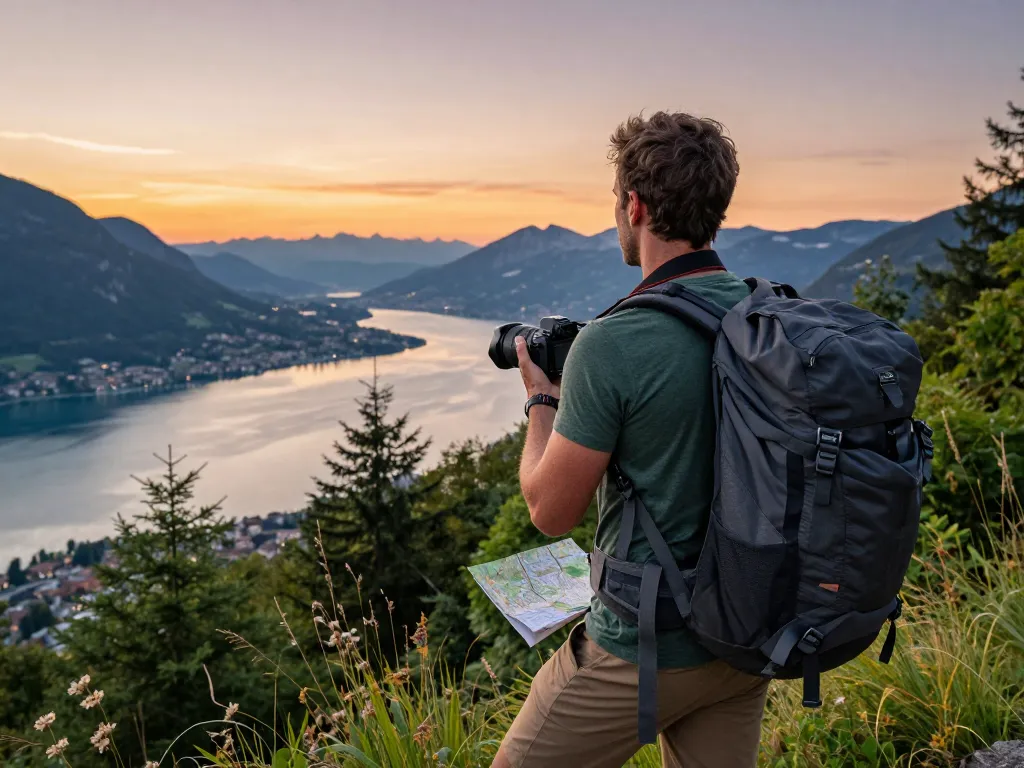 Fesselnde Gardasee Reisetipps Abenteuer-Szene mit einem Reisenden, der die malerische Landschaft erkundet.