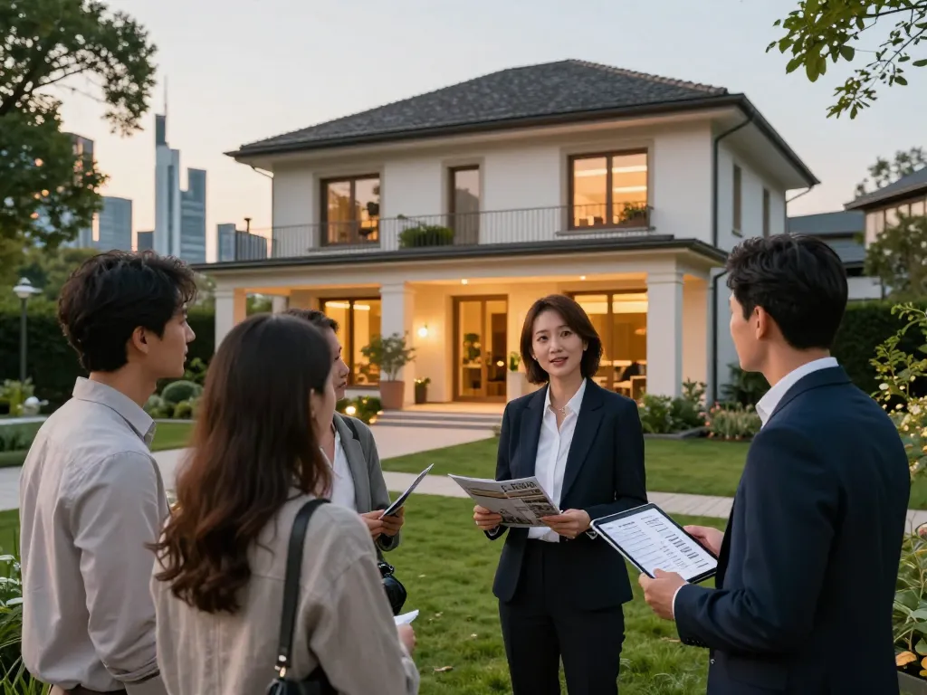 Immobilienmakler Frankfurt Dornbusch diskutiert Immobilienmerkmale vor einer eleganten Villa.
