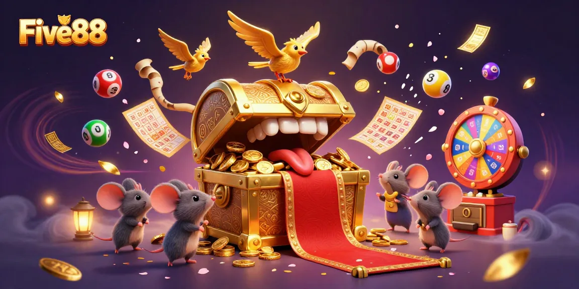 Five88 lures players with colorful lottery elements and a treasure chest in an exciting casino scene