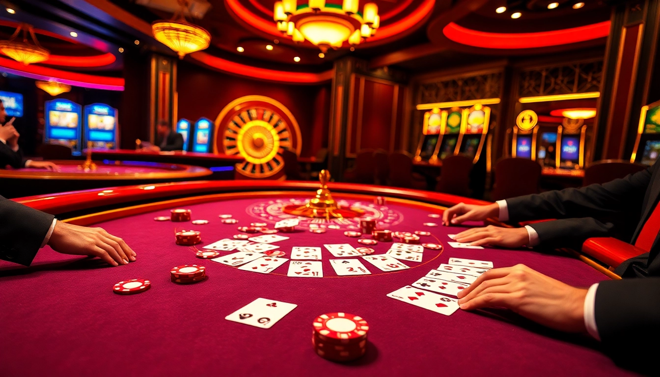 Engaged gamblers at a poker table with 7m stakes, surrounded by colorful chips and a roulette wheel, exuding luxury.