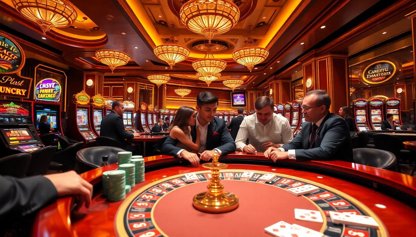 Engaged players enjoying a thrilling game at https://u888u88.com/ casino with vibrant roulette and poker tables.