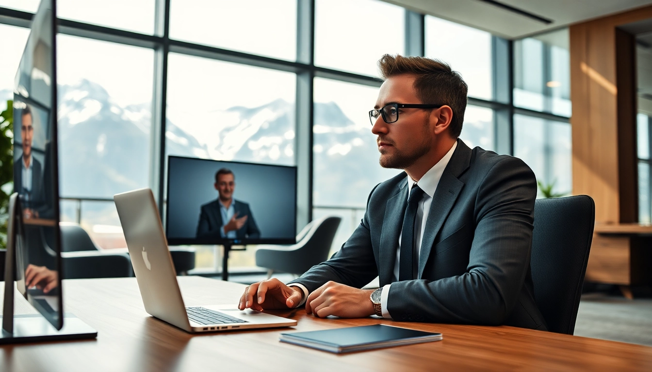 Headhunter Schweiz in einem eleganten Büro, der während einer Videokonferenz konzentriert arbeitet.