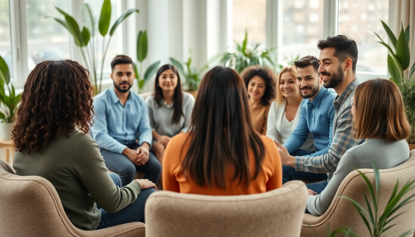 Participating in a group therapy session for mental health awareness in a serene and supportive environment.